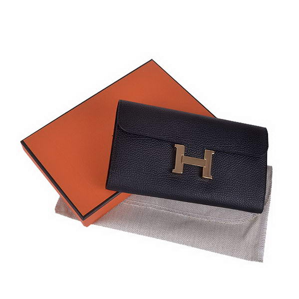 Cheap Fake Hermes Constance Long Wallets Black Calfskin Leather Gold